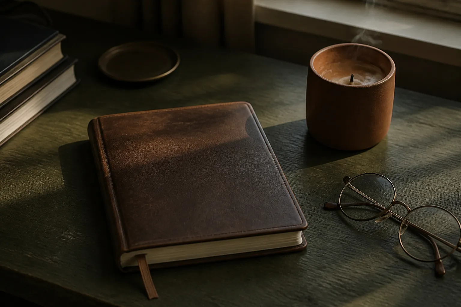 Caderno, vela e óculos sobre mesa de madeira, composição visual para artigo sobre burnout.